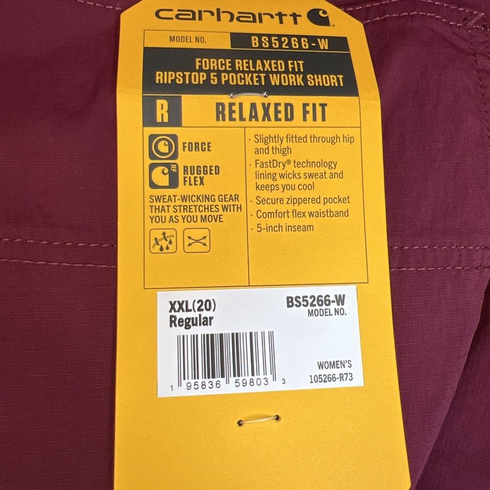 Carhartt Women's Force Ripstop Work Shorts 2XL Burgundy BS5266‑W Relaxed Fit NWT - Picture 12 of 16